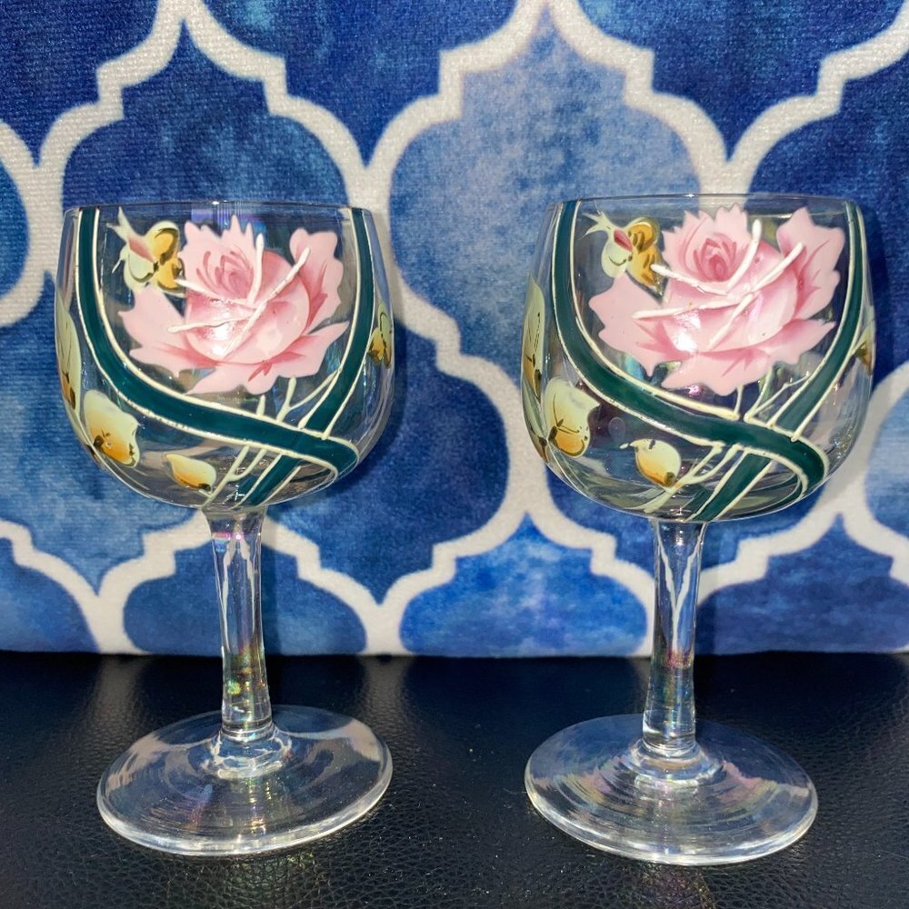 Wine Glass Small Hand Painted Rose and Buds Pink with Green 4.5" Set of Two
